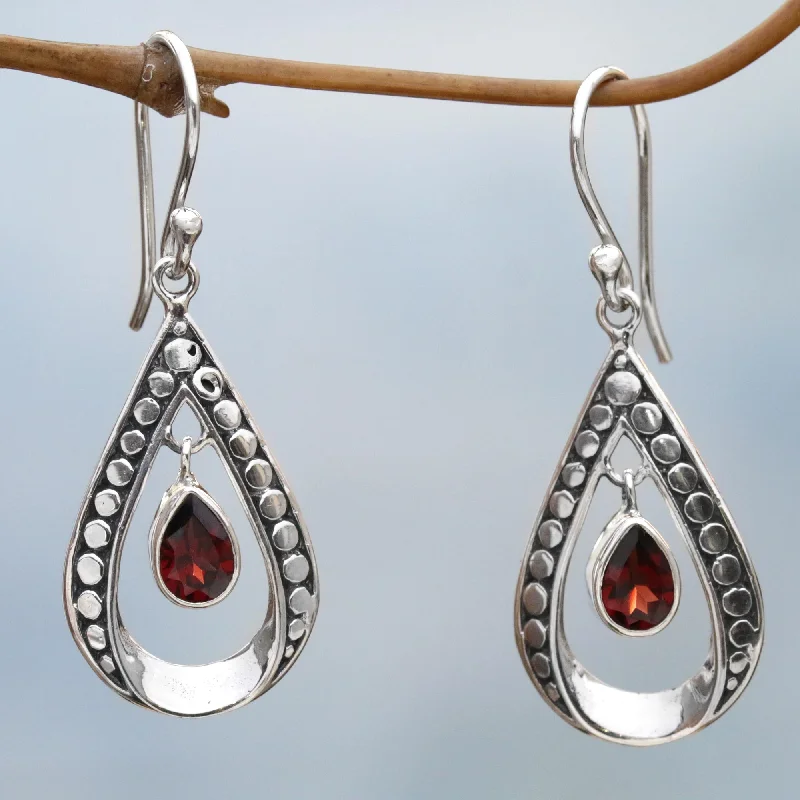 gemstone dangle earrings for women -Charming Tears in Red Sterling Silver and Garnet Dangle Earrings from Indonesia