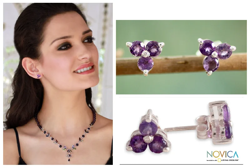 birthstone earrings for moms -Charming Trio Silver and Amethyst Button Earrings