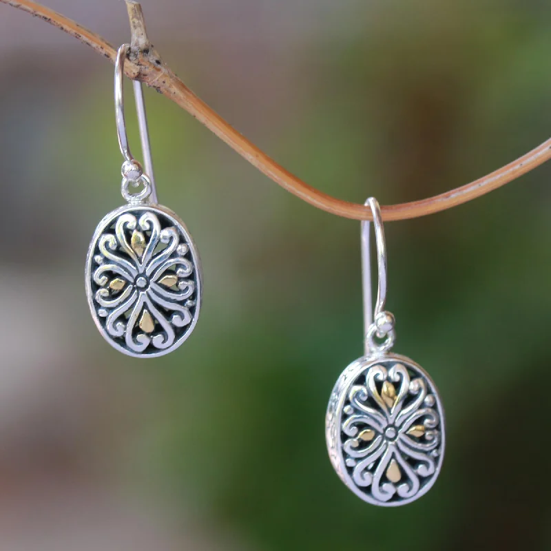 custom engraved earrings for couples -Charming Vines Oval Gold-Accented Sterling Silver Dangle Earrings from Bali