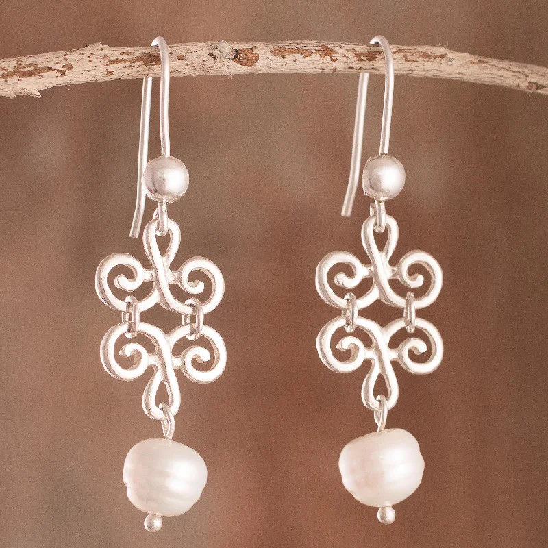 moon and star earrings for women -Chic Beauty Petal Motif Cultured Pearl Dangle Earrings from Peru