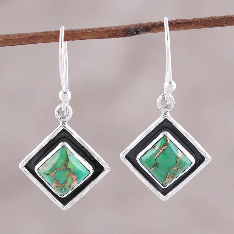 minimalist drop earrings for women -Chic Kites Green Composite Turquoise and Silver Dangle Earrings