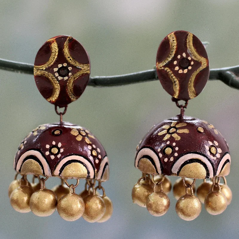 vintage-inspired earrings for women -Chocolate Kiss Artisan Crafted Brown and Gold Ceramic Dangle Earrings