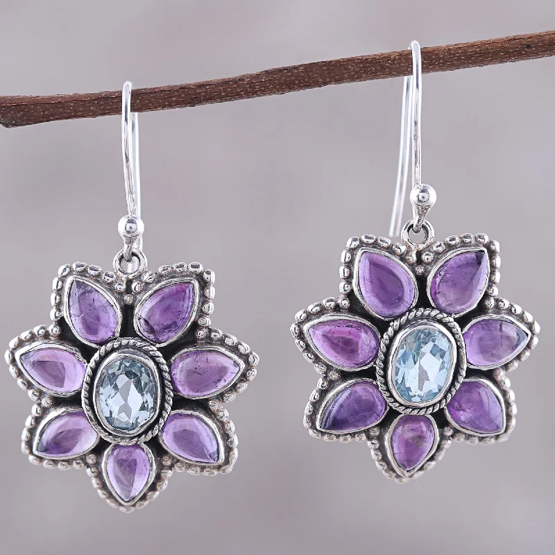 cluster stud earrings for women -Chrysanthemum Blossoms Blue Topaz and Amethyst Dangle Earrings from India