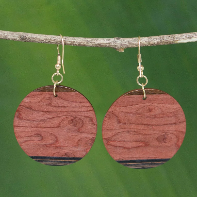 crystal hoop earrings for women -Circle of Nature Mahogany and Imbuia Wood Round Dangle Earrings from Brazil