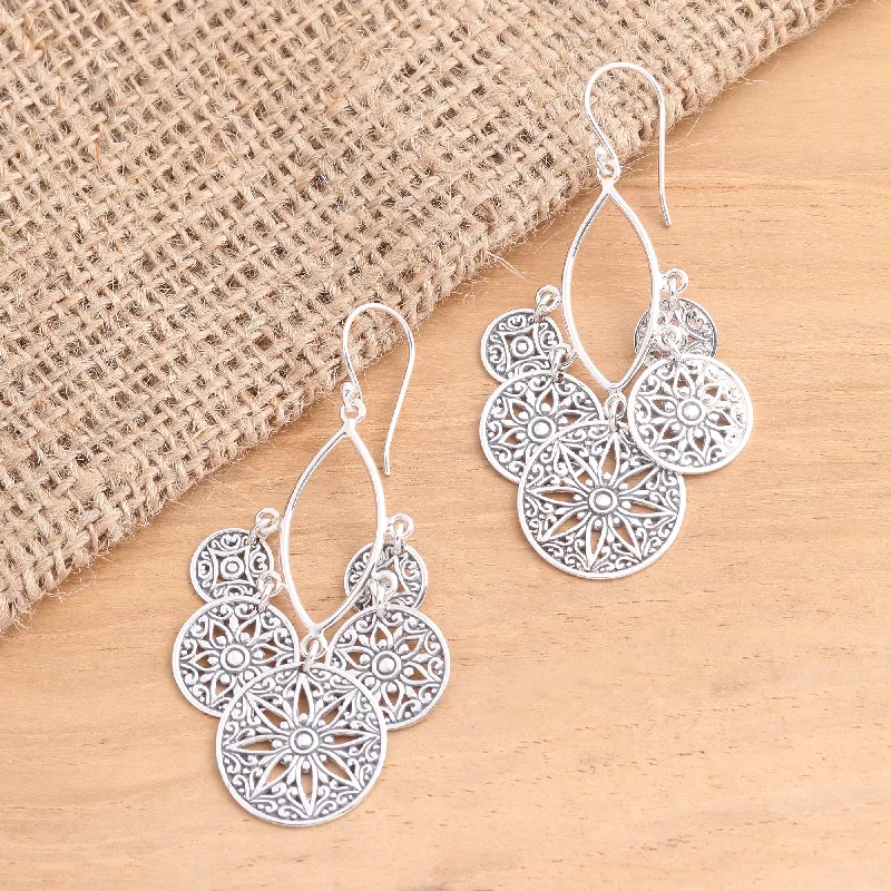 sun and moon earrings for women -Circle of Progression Sterling Silver Dangle Earrings Flowers and Circles