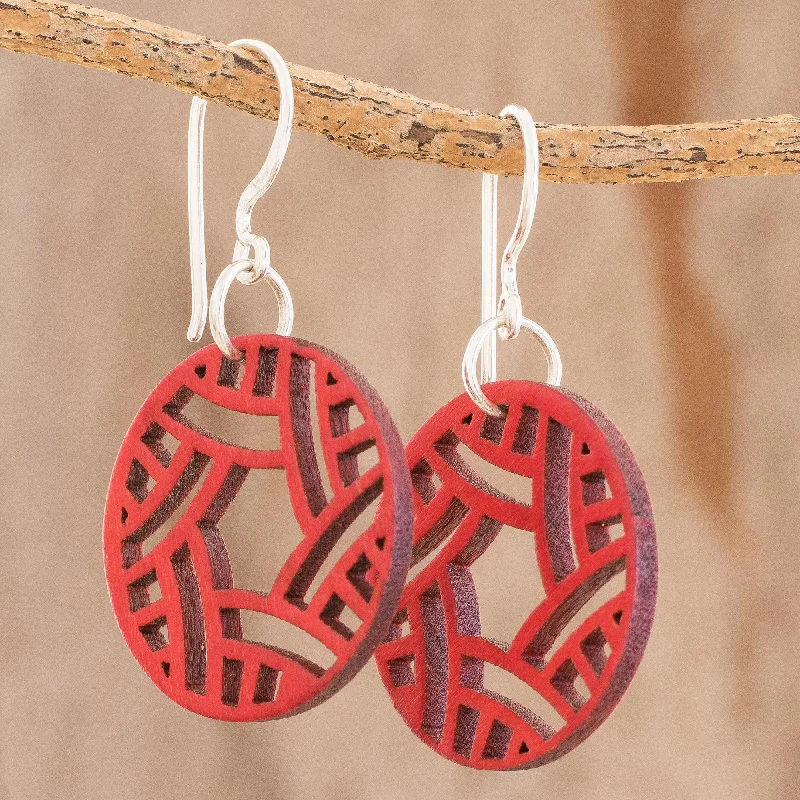 coin hoop earrings for women -Circular Imagination Circular Recycled Wood Dangle Earrings in Red from Guatemala