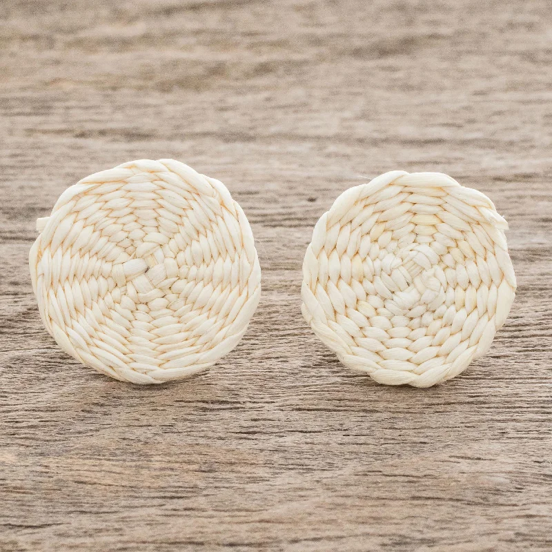 shell earrings for beach lovers -Circular Sensation in Natural Natural Off-White Woven Junco Reed Circular Button Earrings