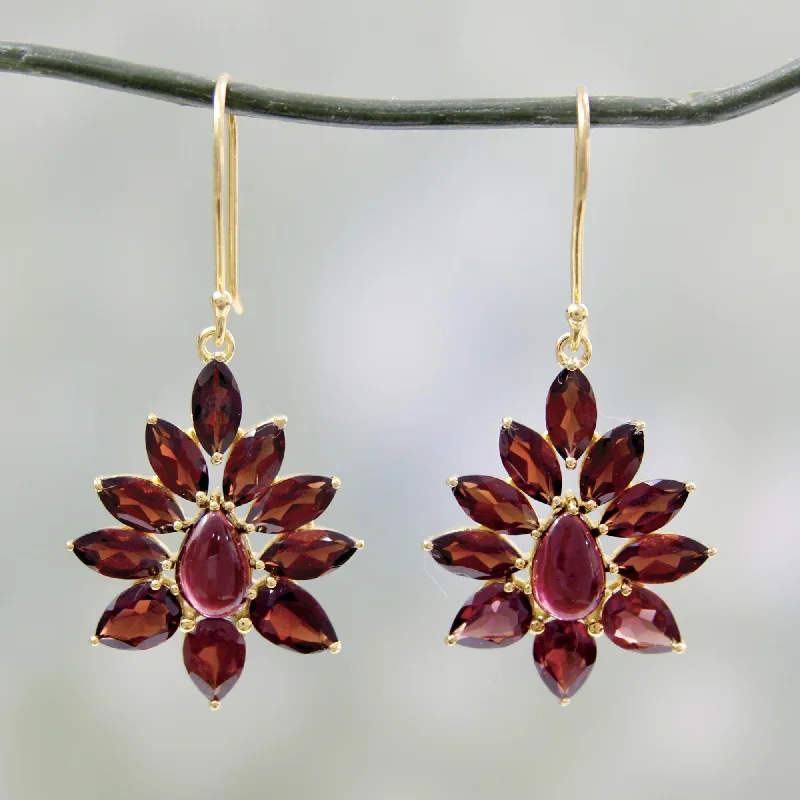 simple gold stud earrings -Claret Sunburst Hand Crafted 18k Gold Plated Earrings with Garnets