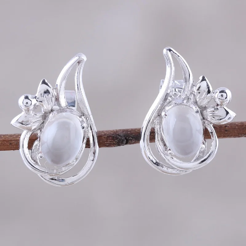 crescent moon earrings for women -Classic Paisley Rhodium Plated Moonstone Paisley Button Earrings from India