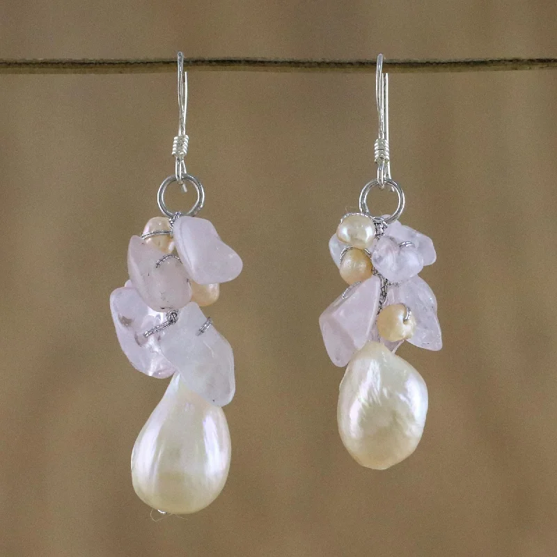 diamond crawler earrings for women -Cloud Bouquet Rose Quartz and Pearl Beaded Earrings