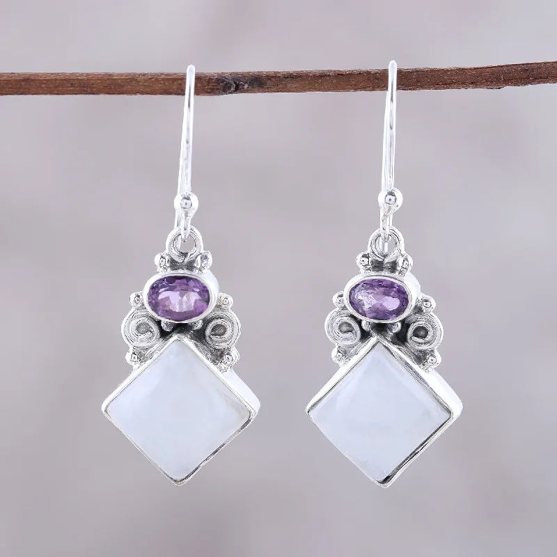 pearl ear climber earrings for women -Cloud Fragments Sterling Silver Rainbow Moonstone Amethyst Dangle Earrings