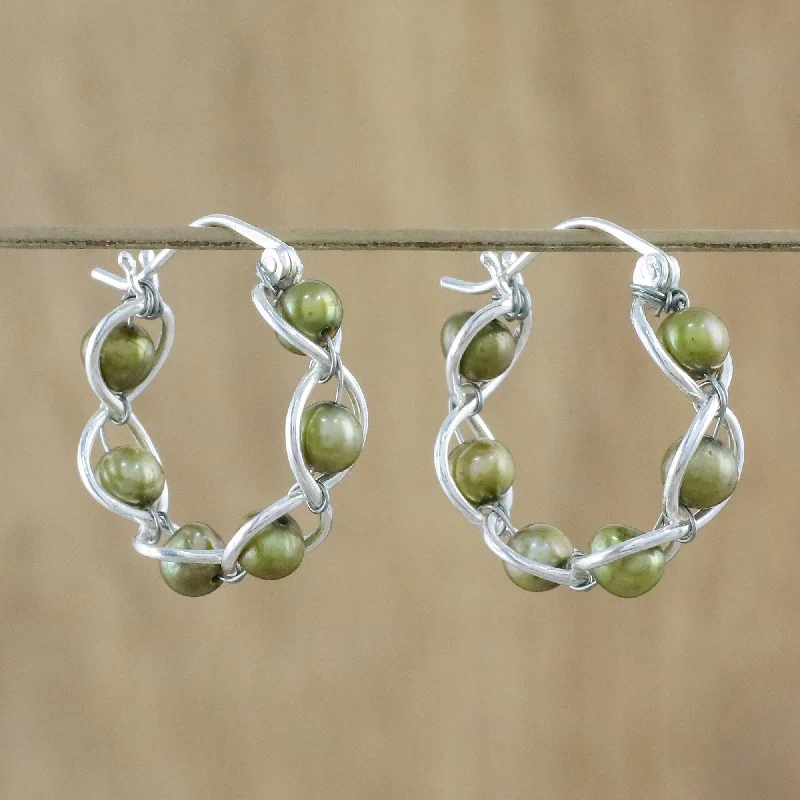 bold chandelier earrings for women -Cloud Twist in Green Green Cultured Pearl and 925 Silver Earrings from Thailand