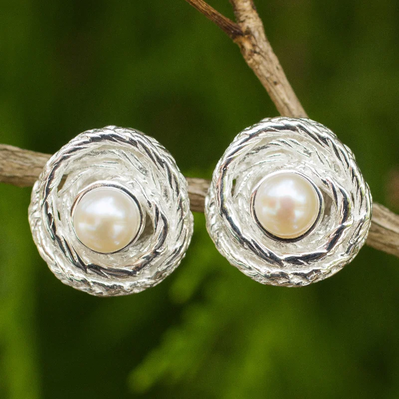 custom engraved earrings for couples -Coils Artisan Crafted Cultured Pearl Thai Silver Button Earrings