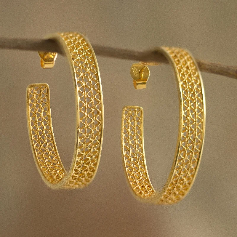 butterfly earrings for girls -Colonial Intricacy Gold Plated Silver Filigree Half-Hoop Earrings from Peru