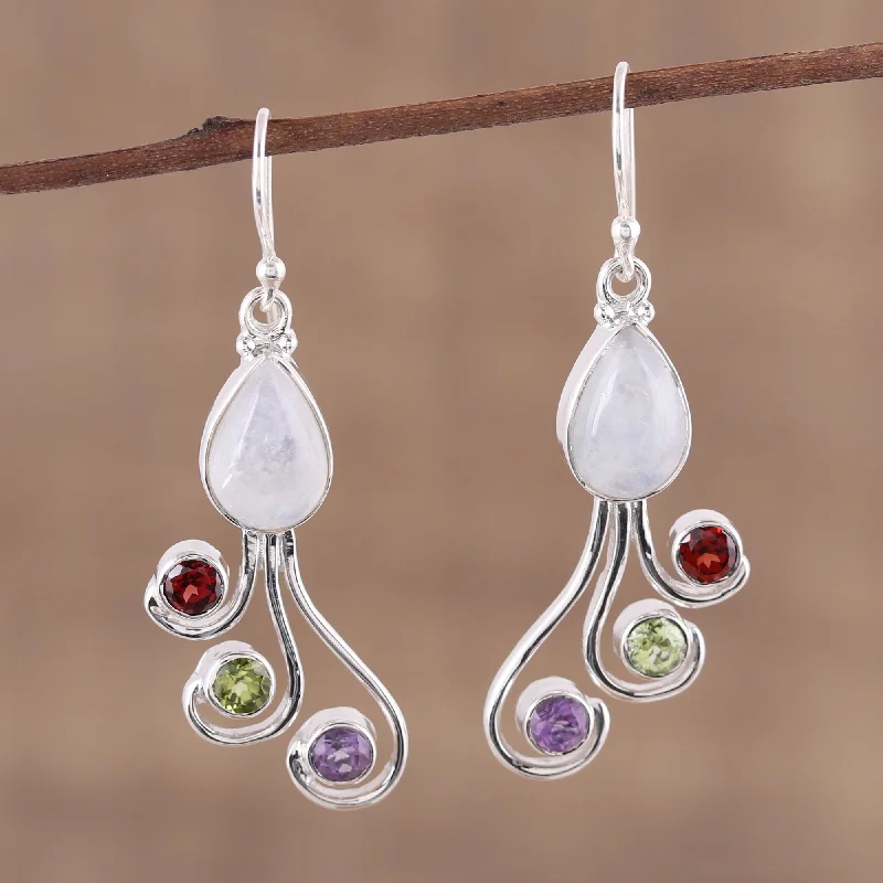 pearl earrings for brides -Colorful Shower Multi-Gemstone and Silver Dangle Earrings from India