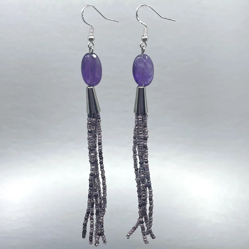 gold crawler earrings for women -ER - Hoover Girls; Beaded Tassel, Amethyst