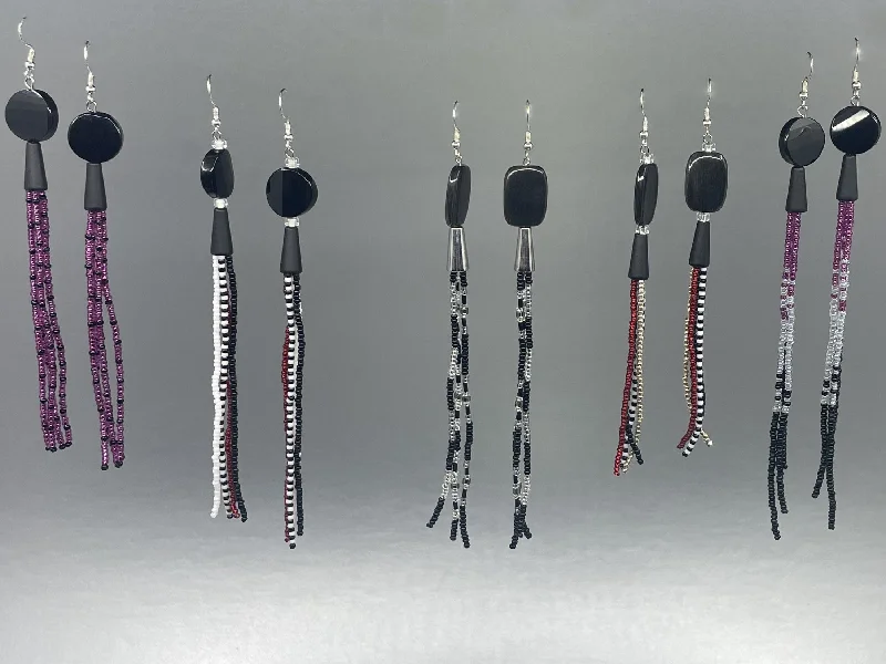 vintage-inspired earrings for women -ER - Hoover Girls; Beaded Tassel, Onyx