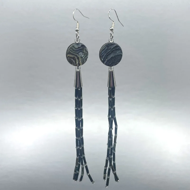 minimalist drop earrings for women -ER - Hoover Girls; Beaded Tassel, Abalone