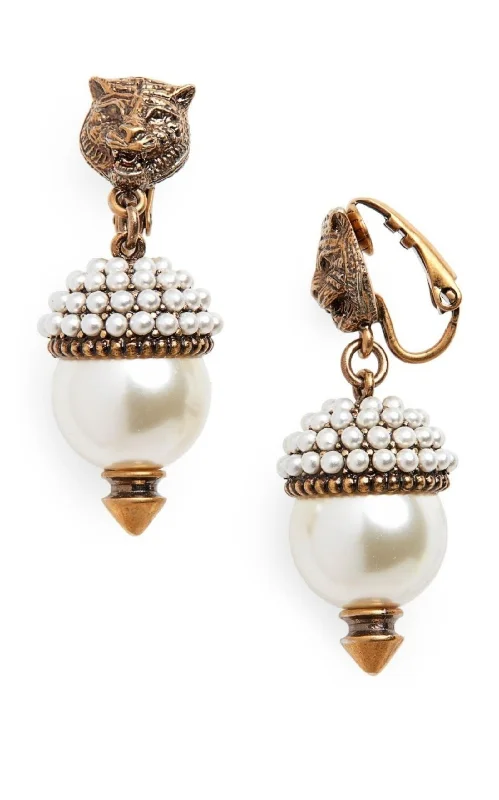 celestial drop earrings for women -Feline Head Pearl Drop Earrings