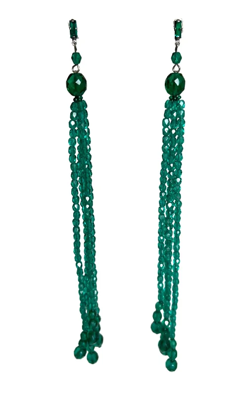 silver threader earrings for women -Green Crystal & Glass Beads Dangling Earrings