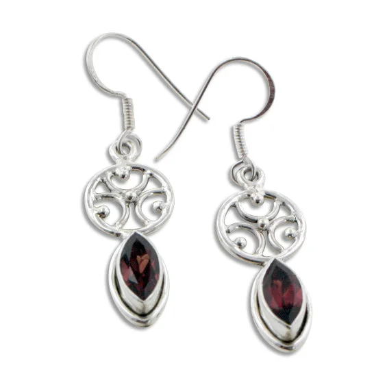 handmade gemstone earrings for women -Greek Omega Symbol and Marquise Red Garnet Sterling Silver Earrings