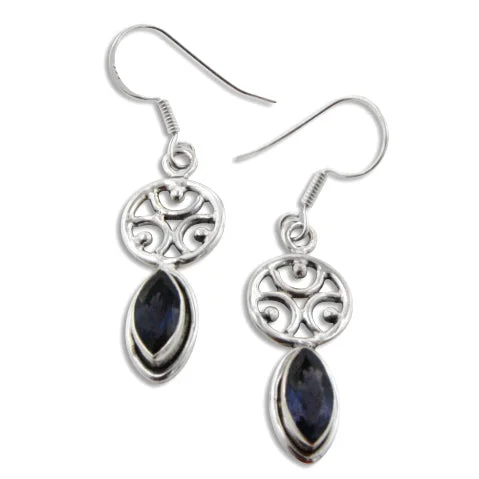 coin hoop earrings for women -Greek Omega Symbol and Genuine Marquise Iolite Sterling Silver Earrings