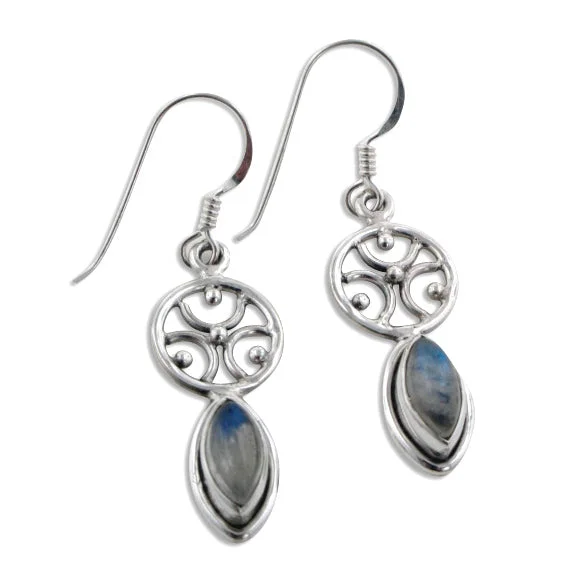 cubic zirconia hoop earrings -Greek Omega Symbol and Marquise Rainbow Moonstone Sterling Silver Earrings