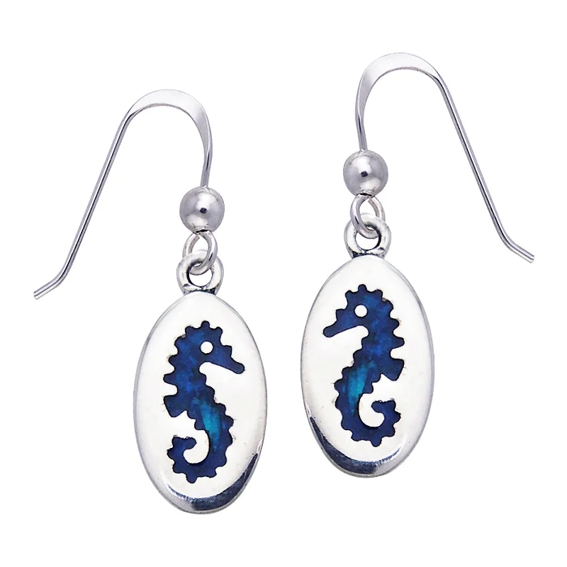 drop earrings for bridesmaids -Paua Shell Seahorse Oval Nautical Sterling Silver Hook Earrings