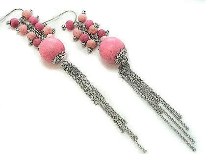 simple gold stud earrings -Shoulder Duster Pink Wood Beaded Cluster 5" Long Chain Cascading Hook Earrings