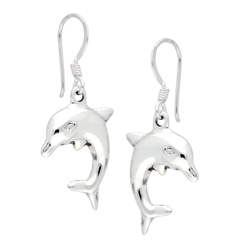 minimalist dangle earrings for women -Puffed 3D Sterling Silver Diving Dolphin Hook Earrings