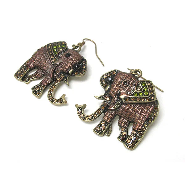 bold geometric earrings for women -Quilted Indian Elephant with Crystal Antiqued Goldtone Hook Earrings