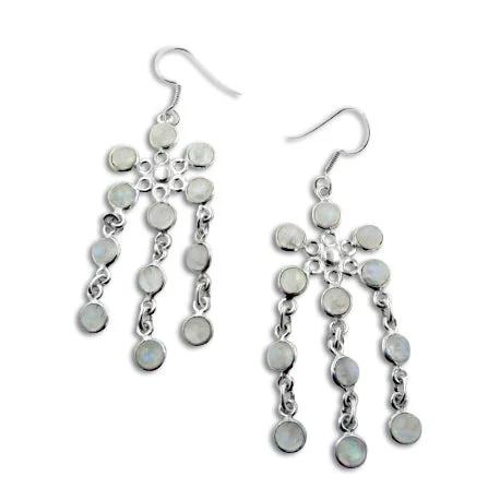 butterfly drop earrings for girls -Cascading Rainbow Moonstone Flower Chandelier Sterling Silver Earrings