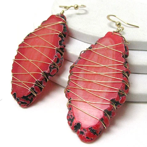 crescent moon earrings for women -Red Agate Slabs Wire Wrapped Goldtone Hook Earrings