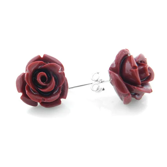 snowflake earrings for winter -Red Rose of Beauty Sterling Silver Post Stud Earrings