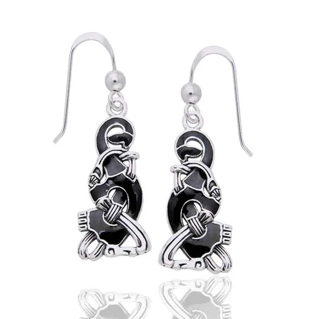 nature-inspired earrings for women -Ringerike Viking Hook Black and Sterling Silver Enamel Earrings