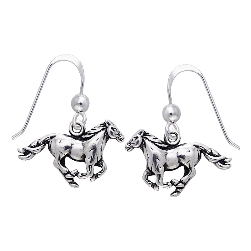 boho style earrings for women -Small Running Horse Sterling Silver Dangling Hook Earrings