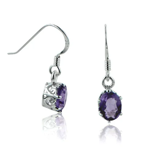 minimalist hoop earrings for women -Genuine Amethyst Filigree Basket Small Sterling Silver Hook Earrings