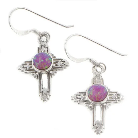 infinity symbol earrings for couples -Southwestern Sterling Silver Pink Simulated Opal Cross Earrings