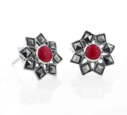 rose gold earrings for women -Starburst Stud Earrings Marcasite Coral Sterling Silver