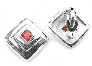 statement earrings for special occasions -Sterling Silver 5mm Square Red Garnet Clip On Earrings