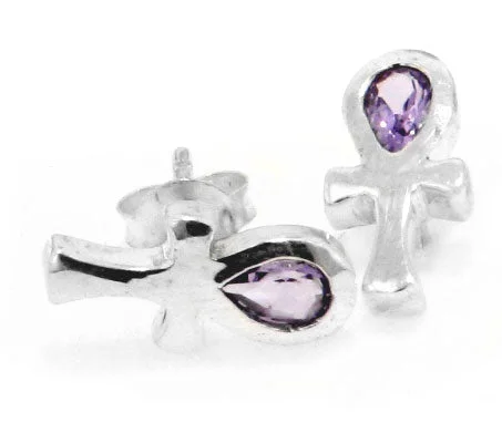 pearl earrings for brides -Sterling Silver Amethyst Egyptian Ankh of Life Stud Post Earrings