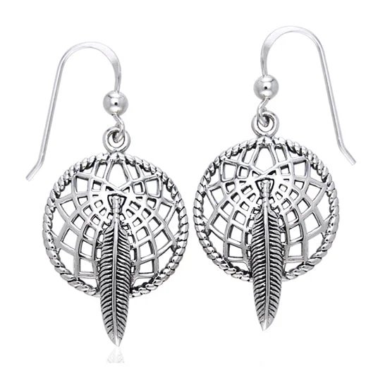 hoop earrings with charms -Sterling Silver Dreamcatcher and Hawk Feather Earrings