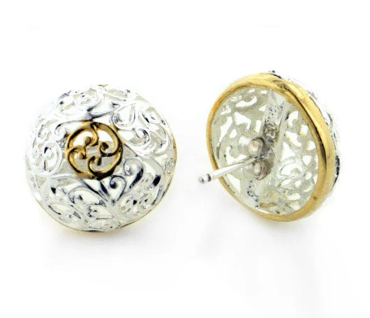 celestial drop earrings for women -Sterling Silver Filigree Domed Two-Tone Round Button Earrings