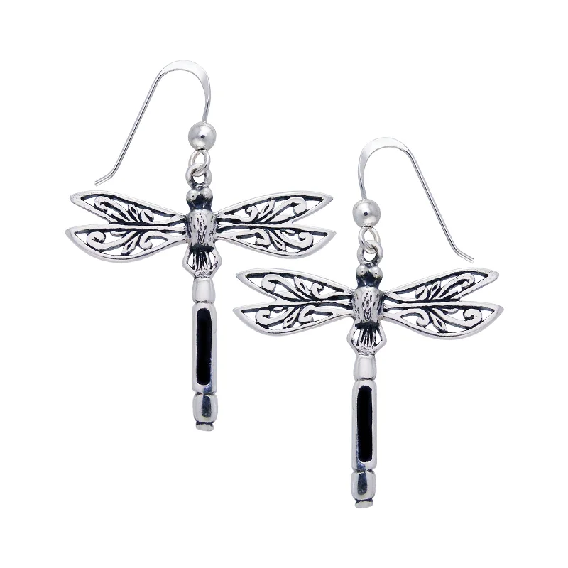 moon and star earrings for women -Sterling Silver Filigree Dragonfly Black Stone Inlay Earrings