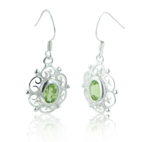 cluster stud earrings for women -Sterling Silver Filigree Framed Oval Genuine Green Peridot Earrings