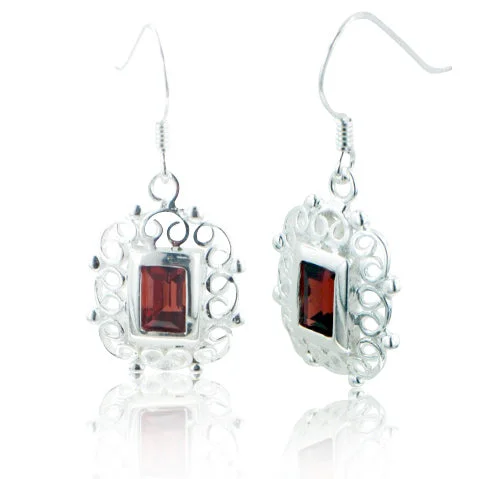 bar drop earrings for women -Sterling Silver Filigree Framed Deep Red Genuine Garnet Earrings