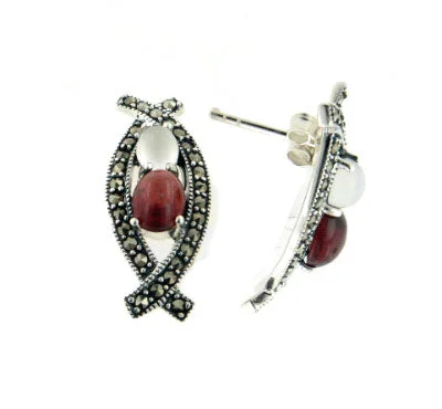 personalized birthstone earrings -Sterling Silver Garnet, Moonstone, and Marcasite Curved Post Earrings