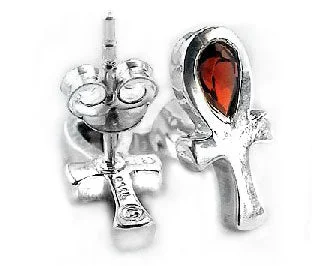 angel wing earrings for women -Sterling Silver Garnet Egyptian Ankh Life Stud Earrings