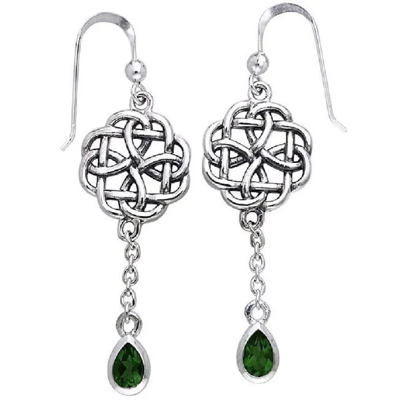 sun and moon earrings for women -Sterling Silver Classic Irish Celtic Knot and Emerald-Green Glass Drop Earrings