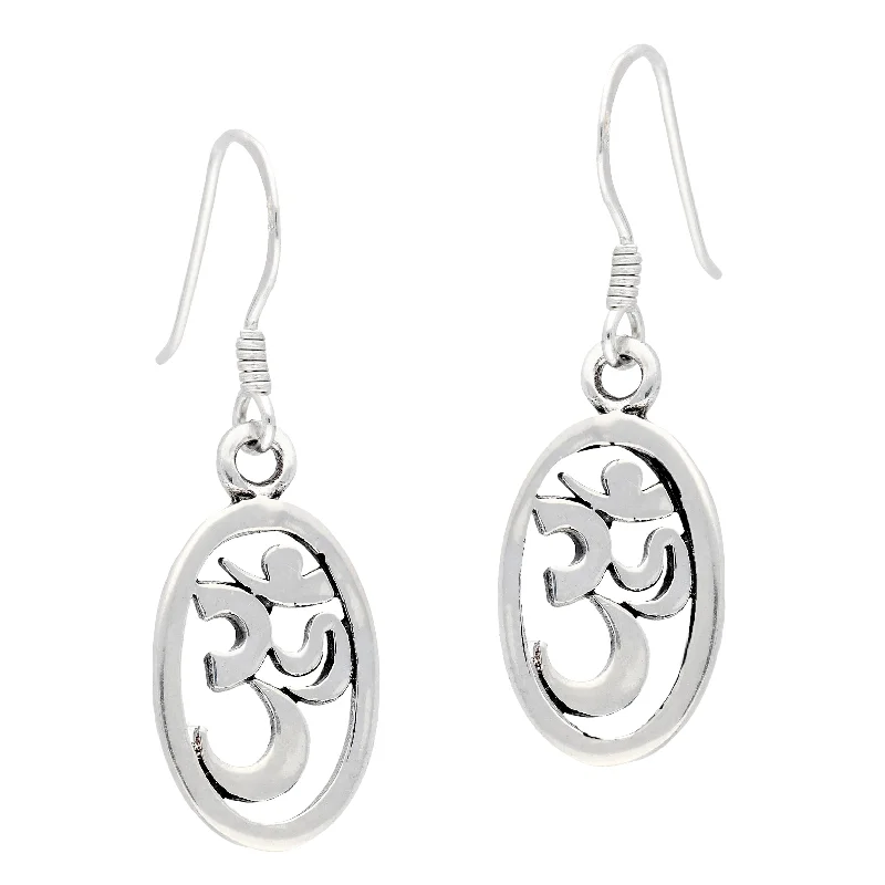 eco-friendly earrings for women -Sterling Silver OM Hindu Symbol Dangle Hook Earrings